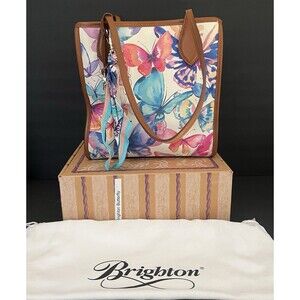 Brighton Butterfly Sky Shopper Coated Canvas Leather Trim Tote w/Dust Bag & Box